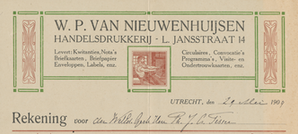 716239 Kop van een nota van W.P. van Nieuwenhuijsen, Handelsdrukkerij, Lange Jansstraat 14 (later: nr. 20) te Utrecht.